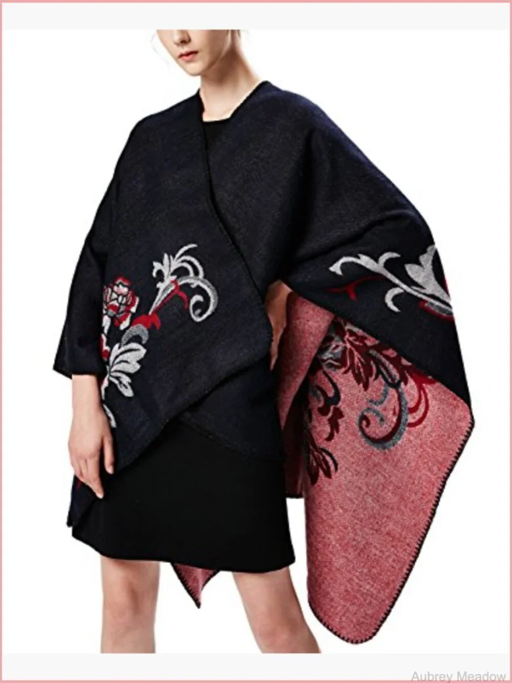 Retro Warm Floral Poncho Cape Open Front Sweater Shawl Cardigan